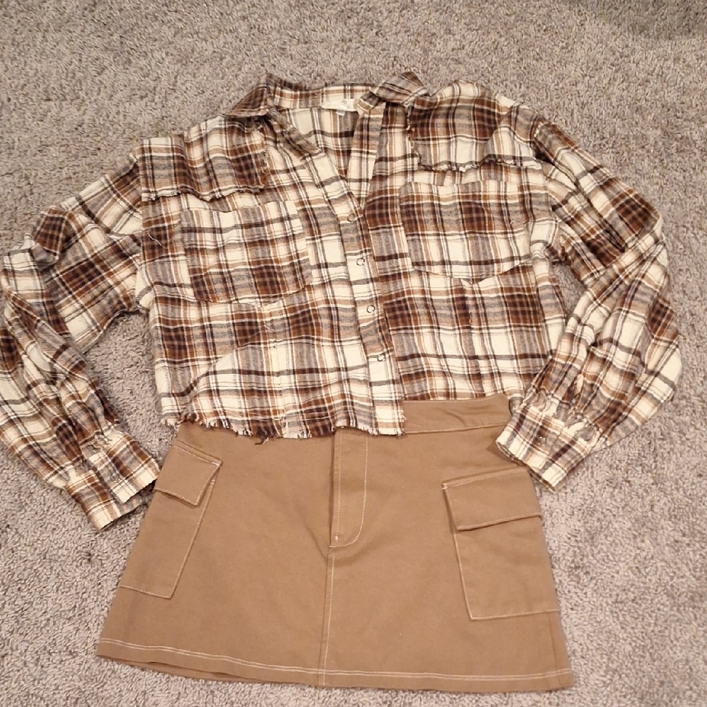 Altar'd State Brown and Cream Plaid Button Down Shirt With Skirt